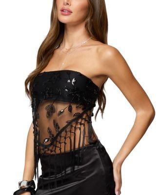 Edikted Sequin Sheer Fringed Strapless Top