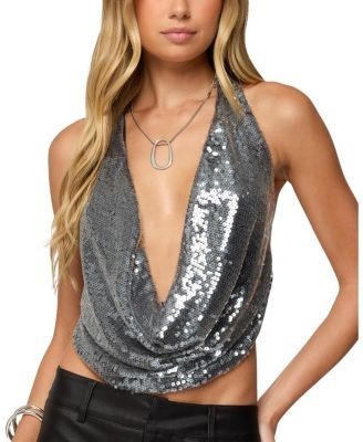 Edikted Sequin Backless Halter Neck Top