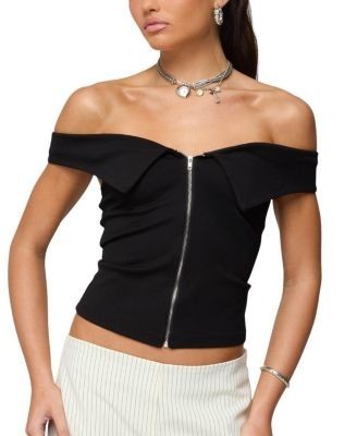 Edikted Collared Off Shoulder Zip Up Top