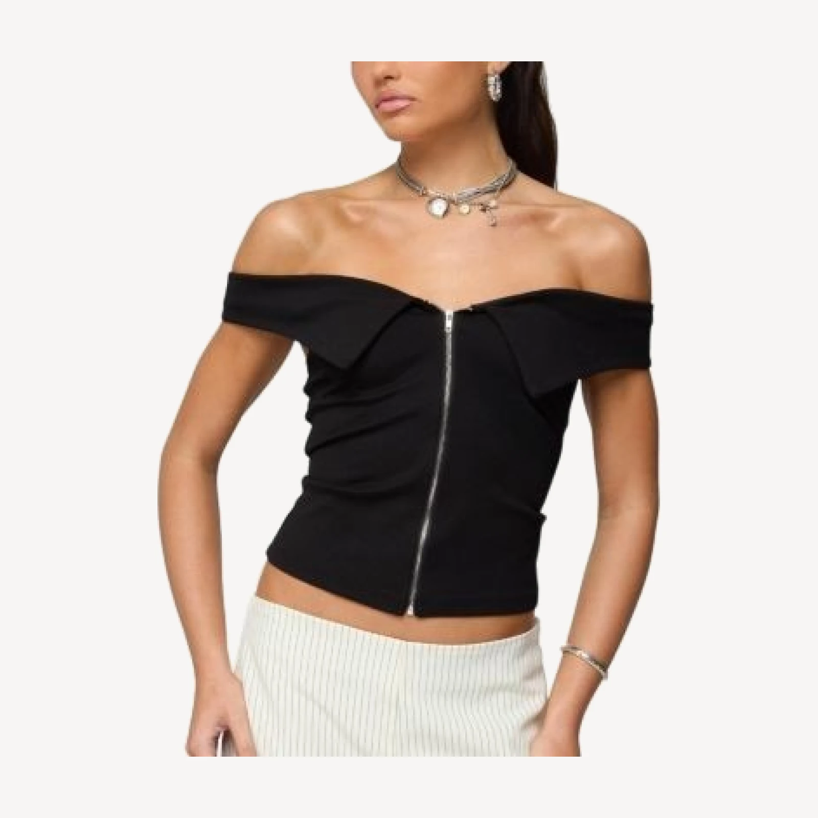 Edikted Collared Off Shoulder Zip Up Top