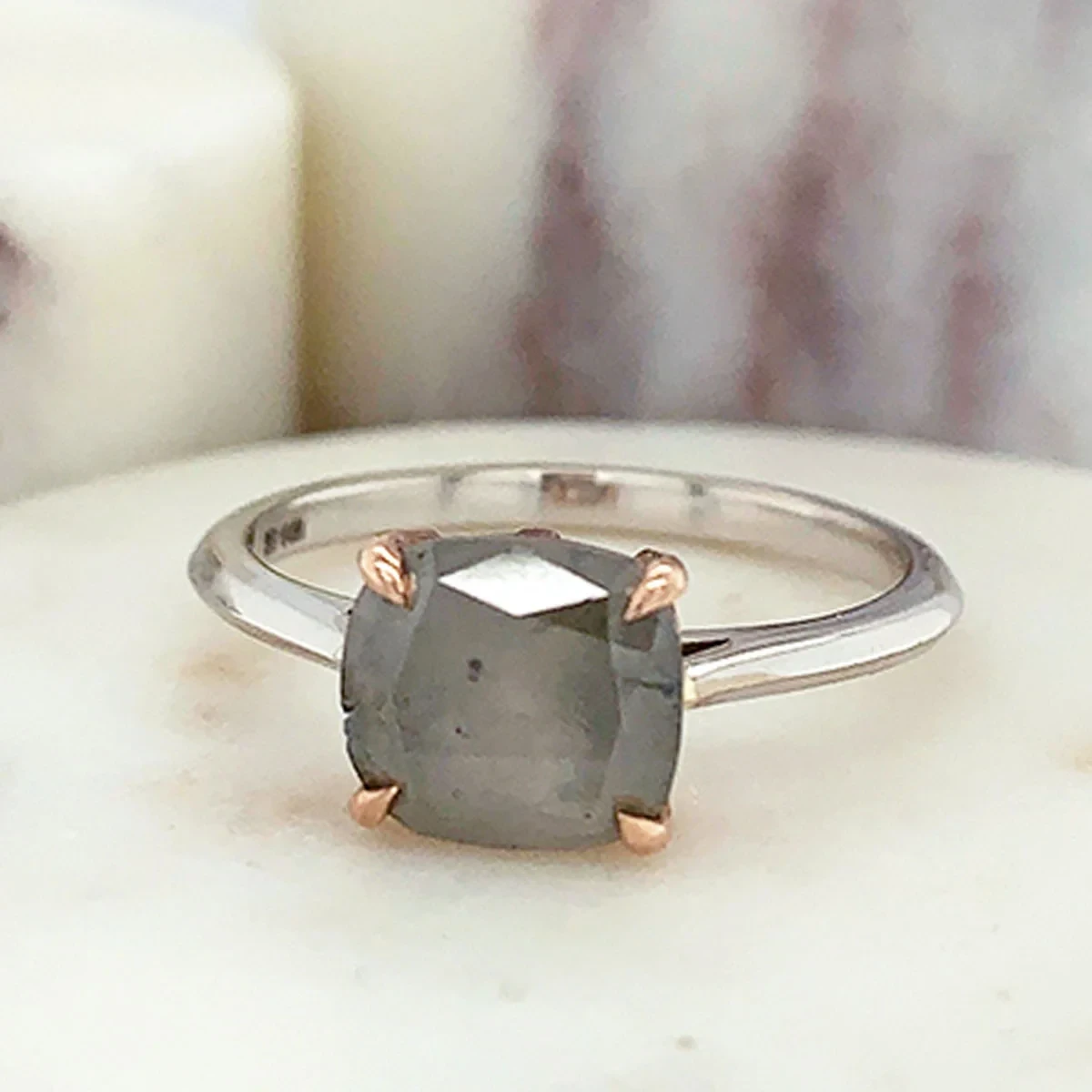 Bea Solitaire Ring - White, Rose Gold & Grey Diamond