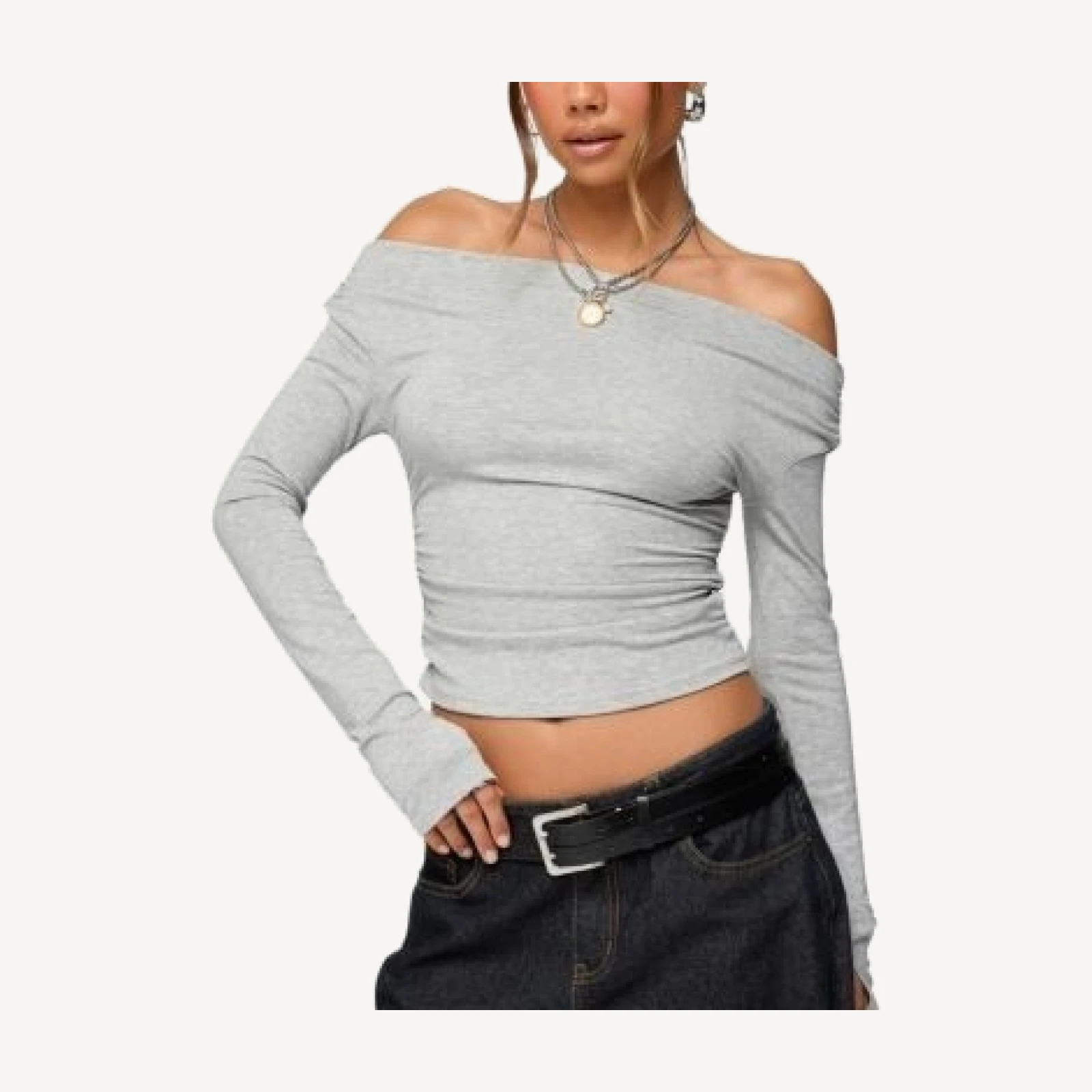 Edikted Milane Ruched Off Shoulder Ribbed Top