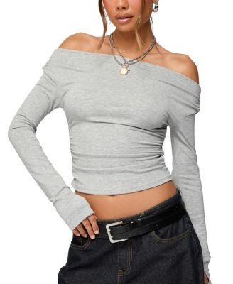 Edikted Milane Ruched Off Shoulder Ribbed Top