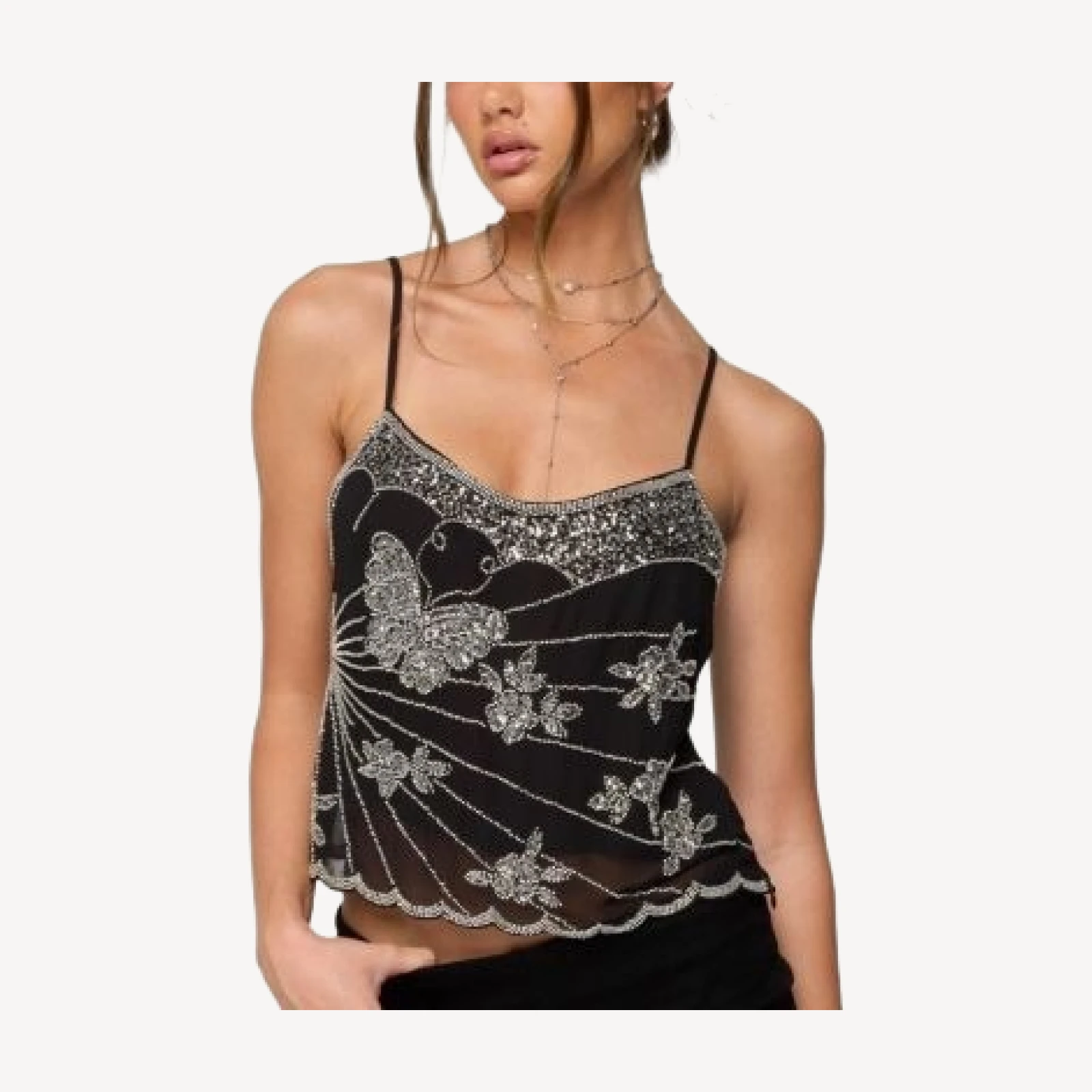 Edikted Opal Bead & Sequin Chiffon Tank Top
