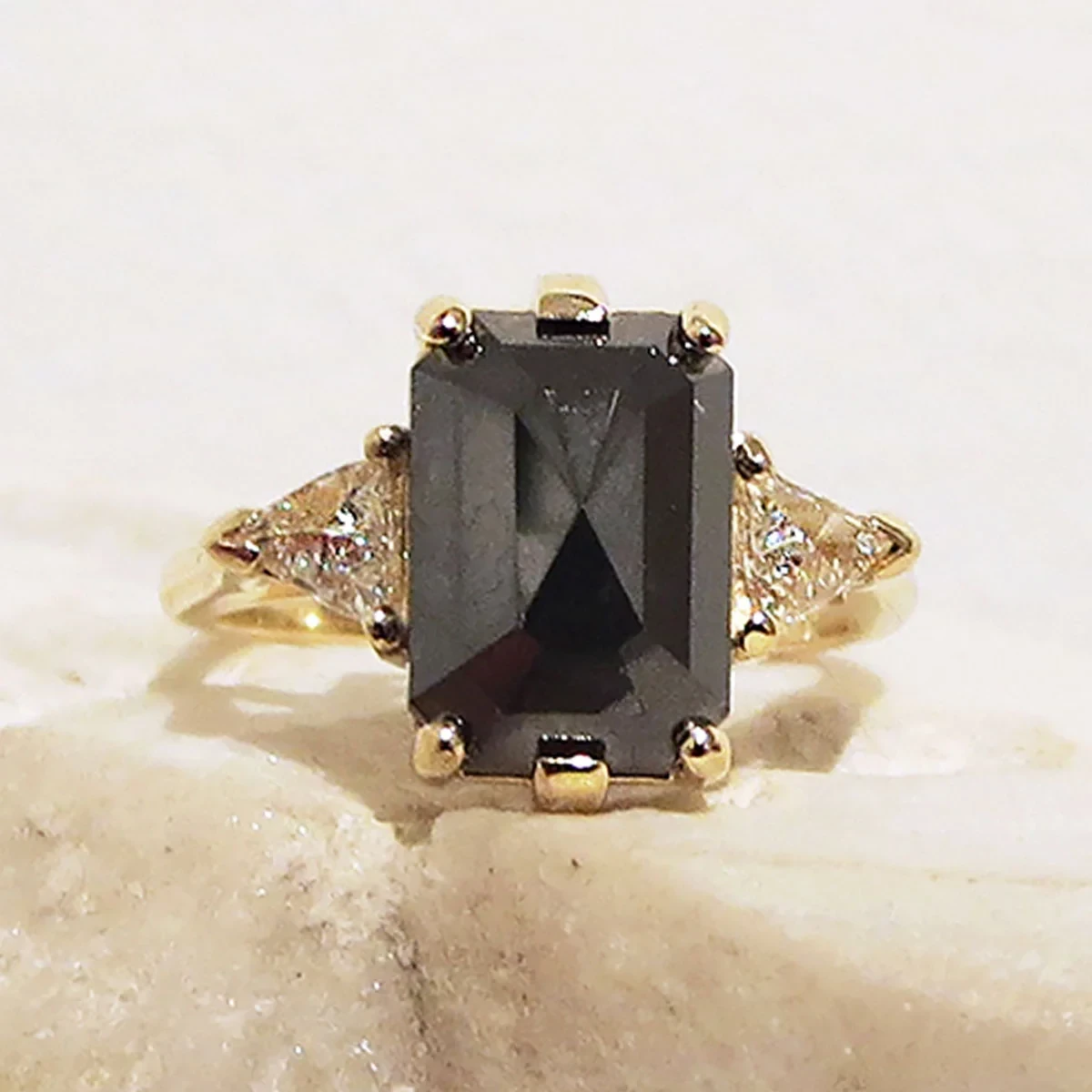 Bea Three Stone Ring - Yellow Gold & Inverted Black Diamond