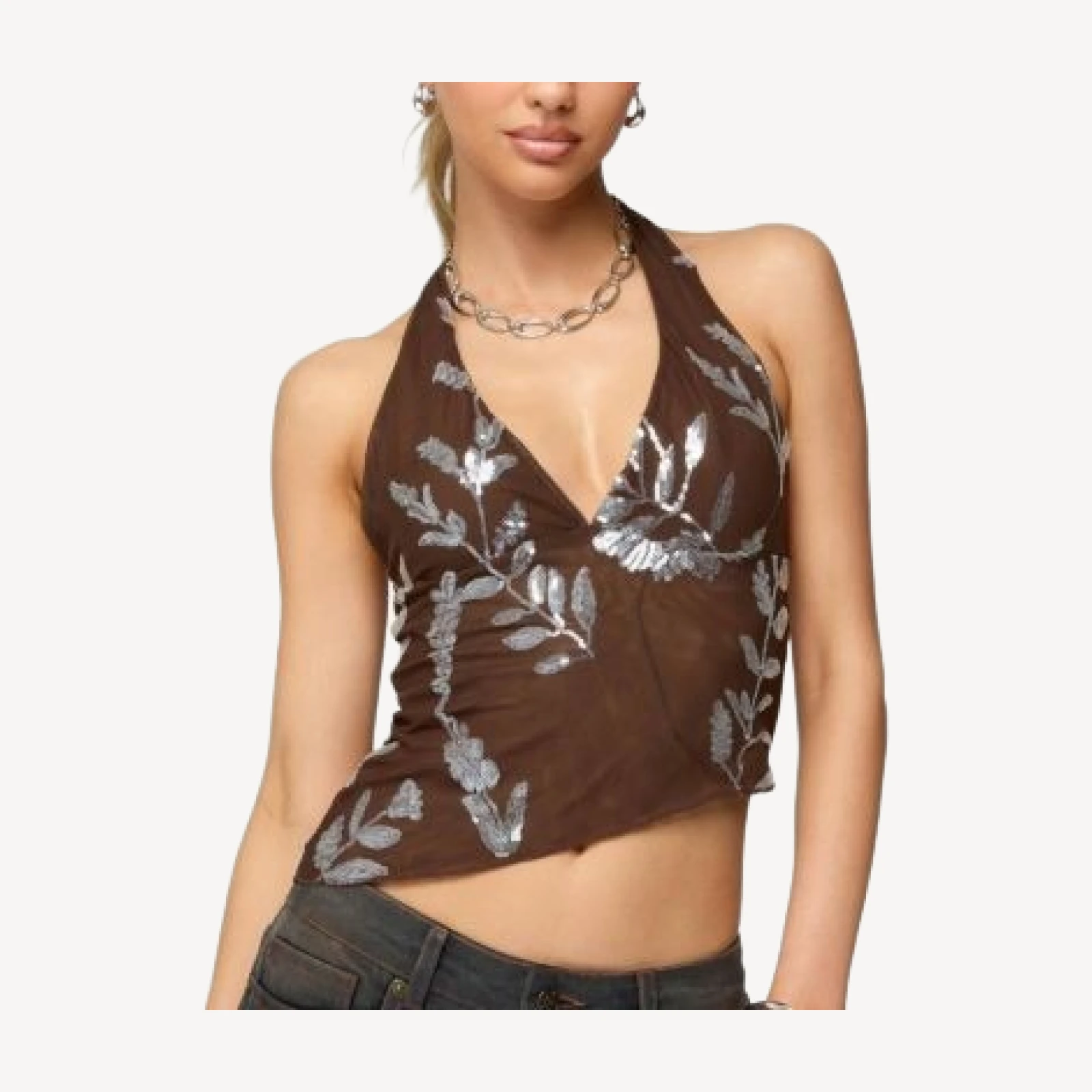 Edikted Sequin Asymmetric Mesh Halter Top