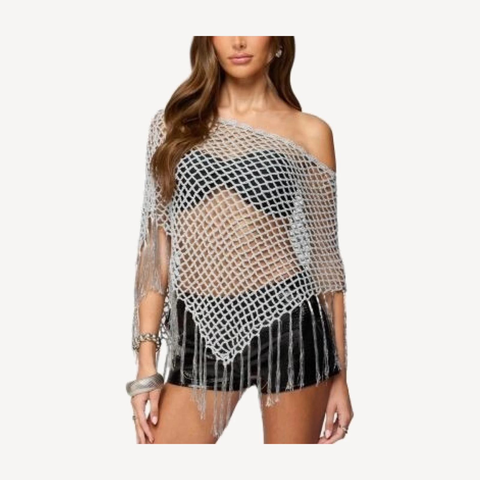Edikted Evette Fringe Open Knit Metallic Poncho