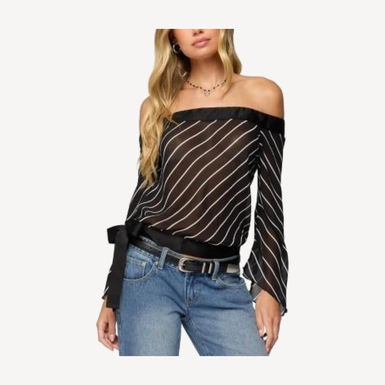 Edikted Diagonal Striped Off Shoulder Chiffon Top