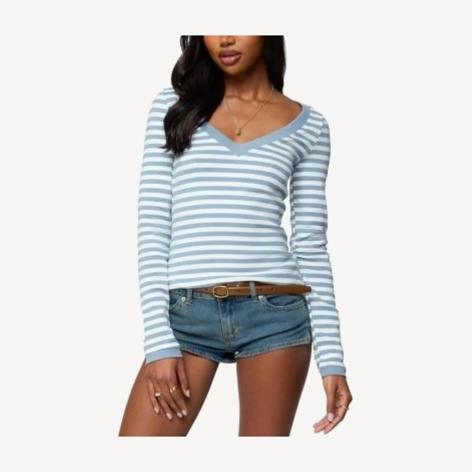 Edikted Kimi Striped Long Sleeve V Neck Top