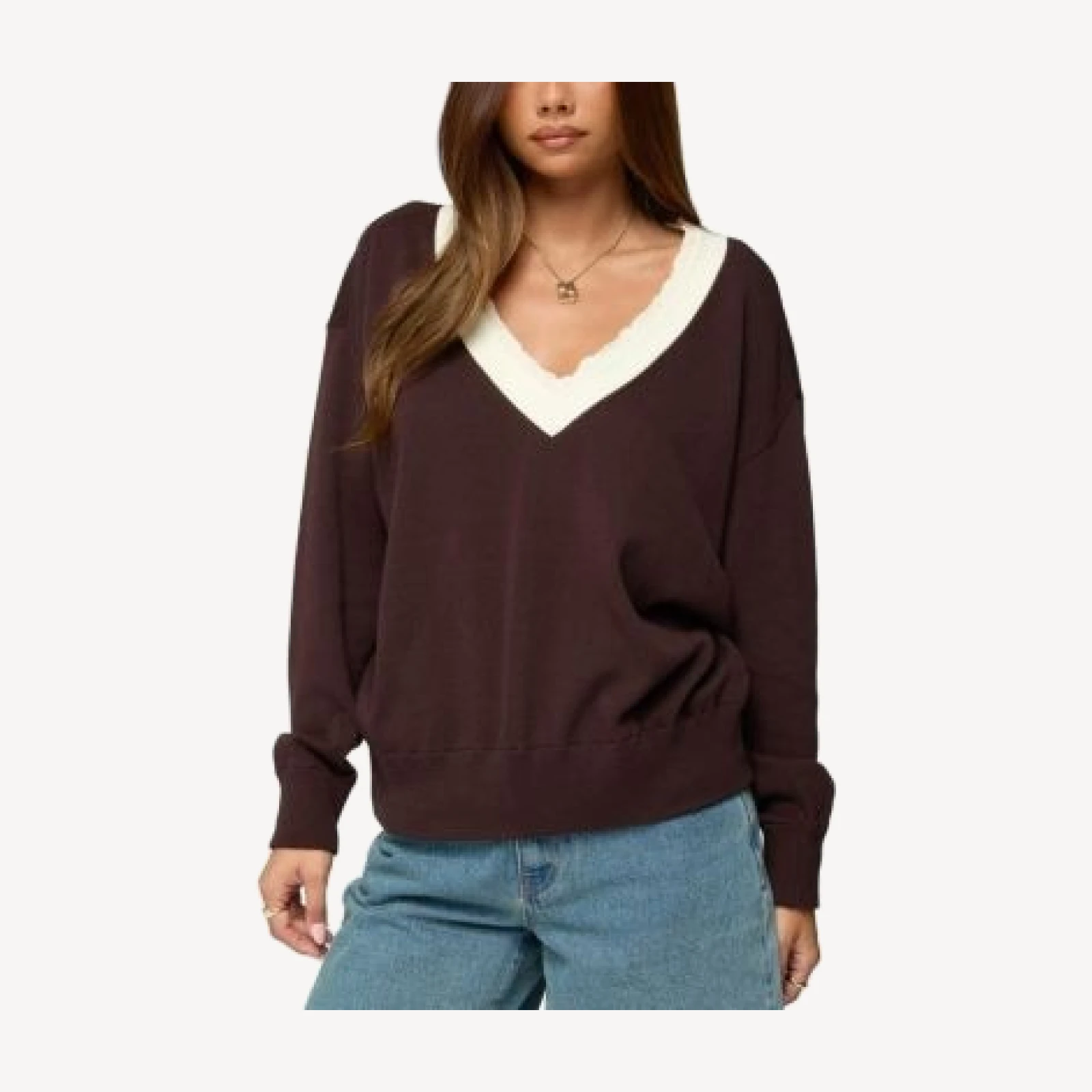 Edikted Marie Contrast Lacey V Neck Sweater