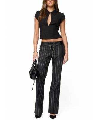 Edikted Pinstripe Low Rise Flared Jeans