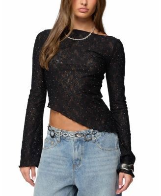 Edikted Mare Asymmetric Gem Sheer Lace Top