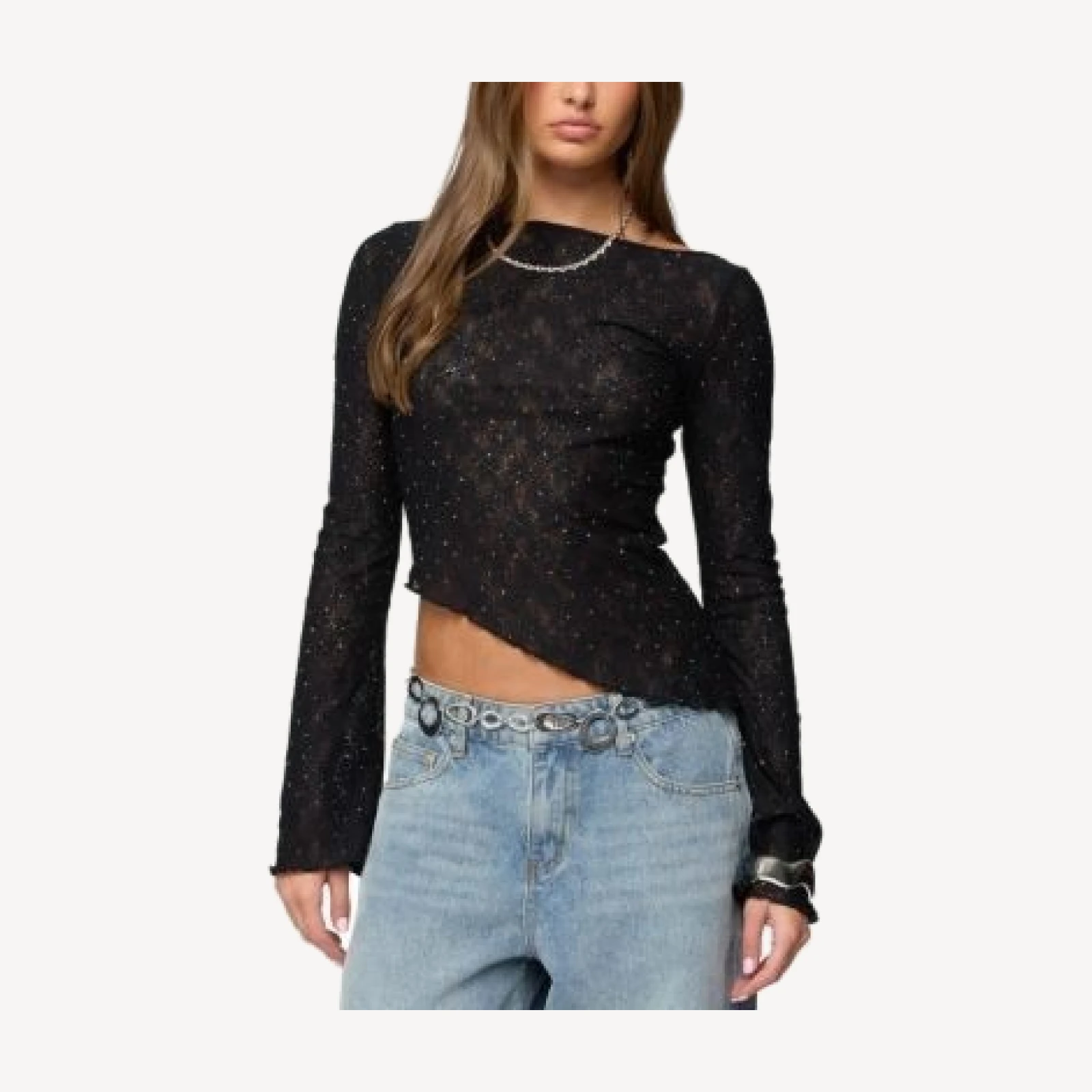 Edikted Mare Asymmetric Gem Sheer Lace Top