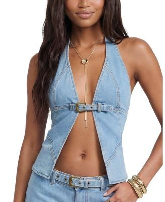 Edikted Ciel Split Front Denim Halter Top