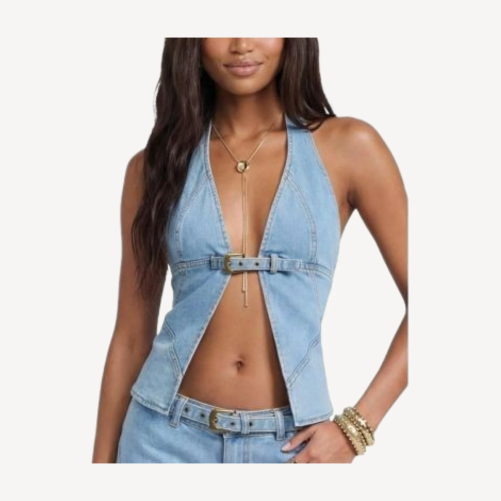 Edikted Ciel Split Front Denim Halter Top