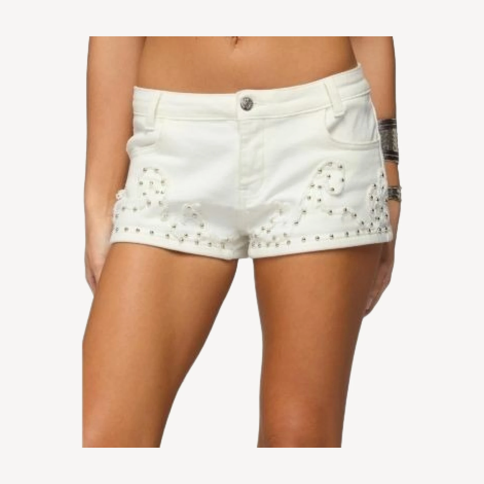 Edikted Studded Patchwork Low Rise Denim Shorts