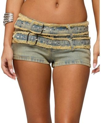 Edikted Alyza Distressed Belt Washed Denim Micro Shorts