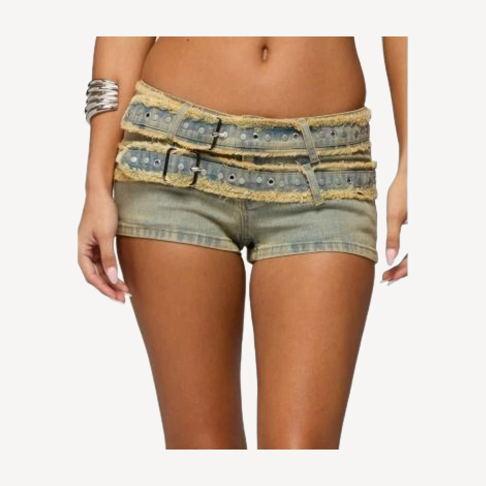 Edikted Alyza Distressed Belt Washed Denim Micro Shorts