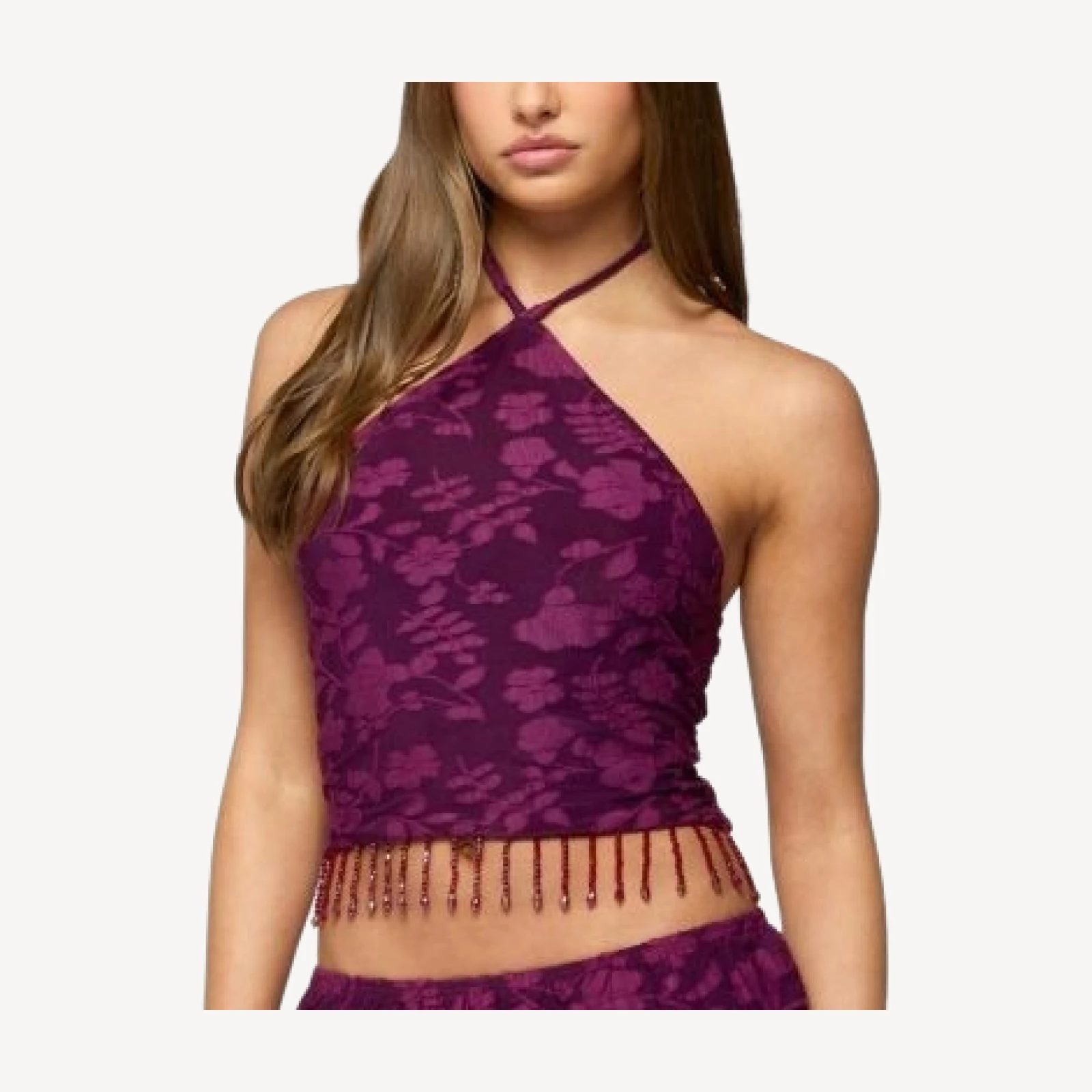 Edikted Keyla Bead Fringed Textured Halter Top