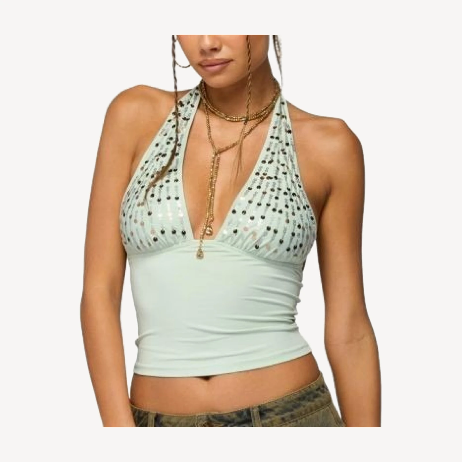 Edikted Sequin Plunge Neck Halter Top