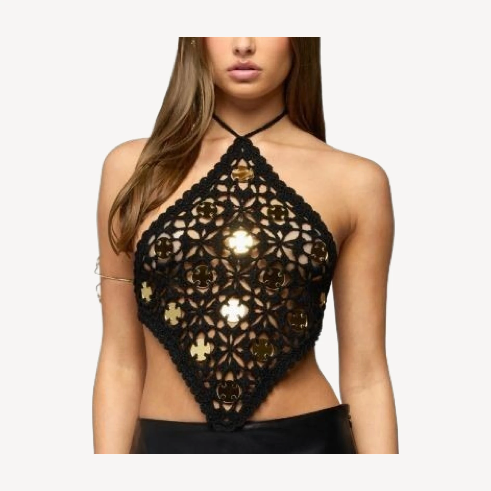 Edikted Gold Mirror Backless Crochet Halter Top