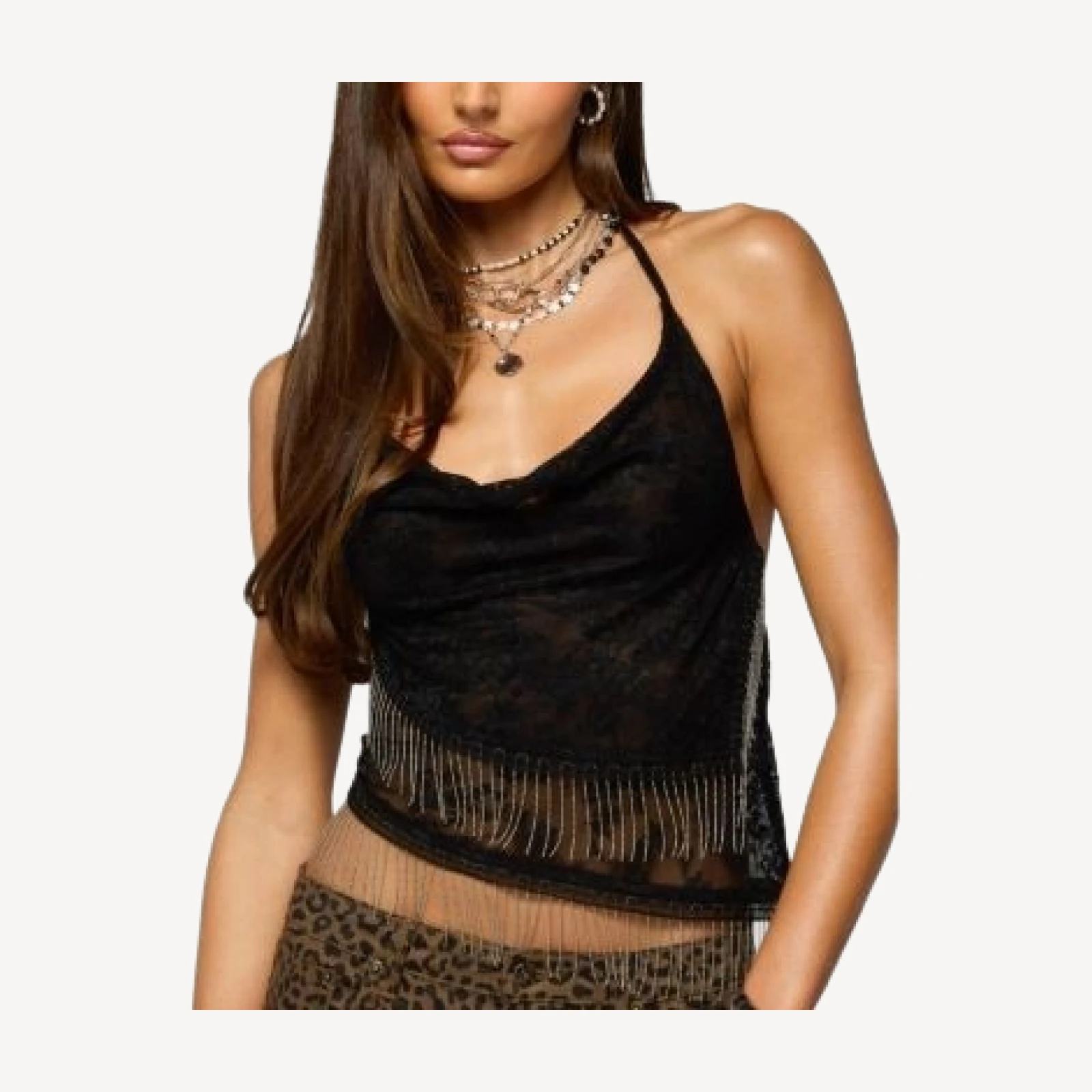 Edikted Asymmetric Fringe Sheer Lace Halter Top