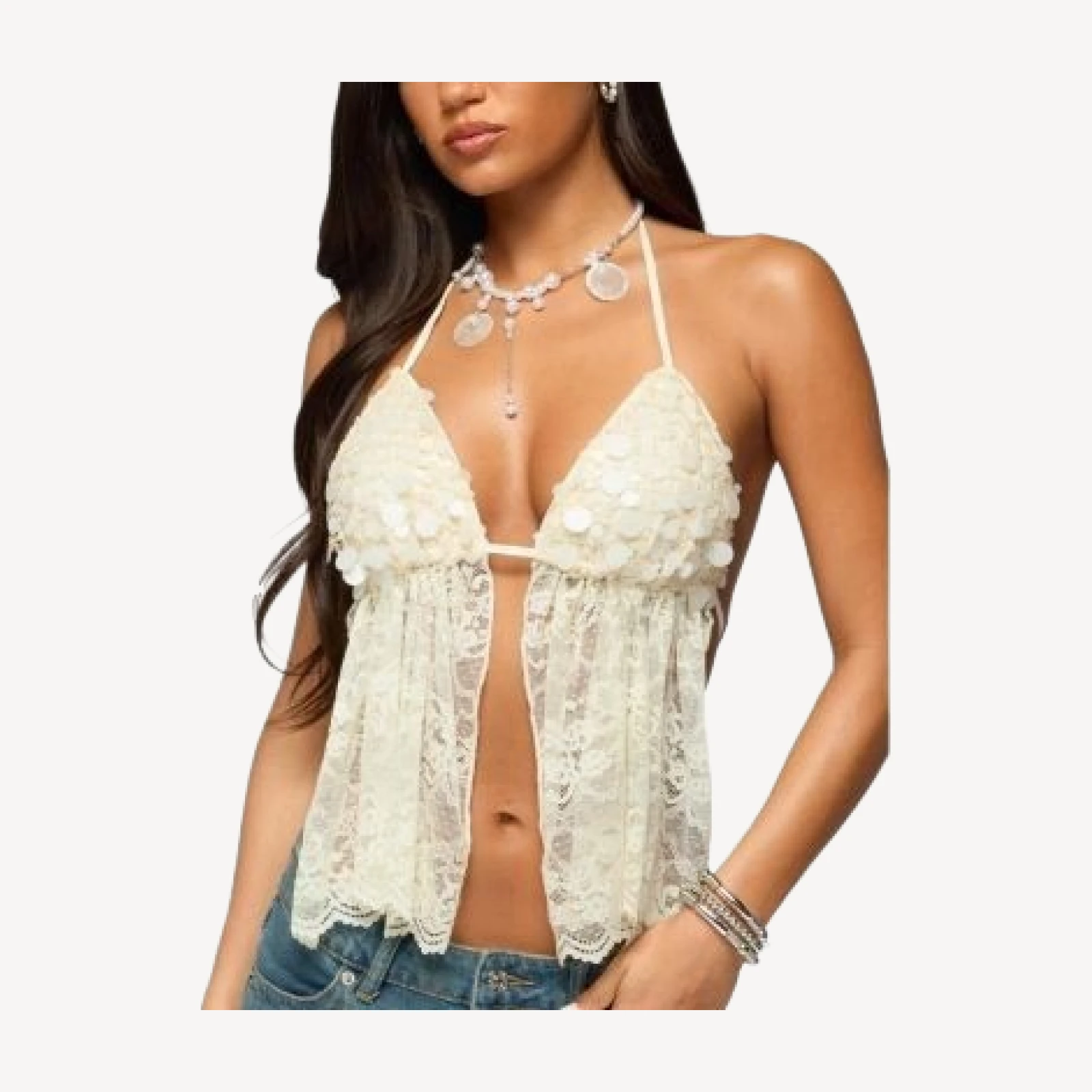 Edikted Sequin Lace Split Front Backless Top