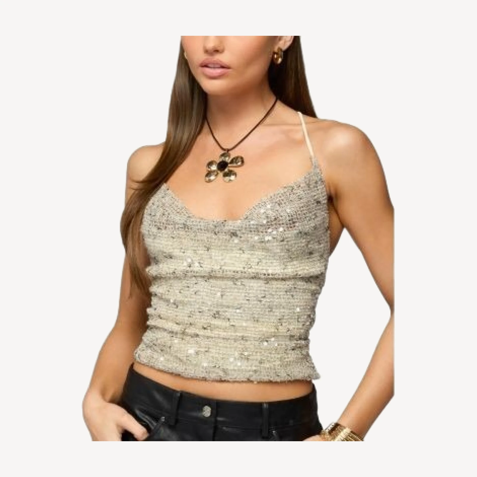 Edikted Sequin Crisscross Backless Cowl Neck Top