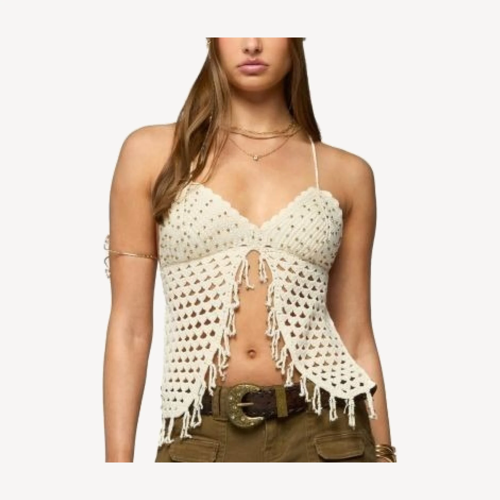 Edikted Maggie Bead Split Front Backless Crochet Top