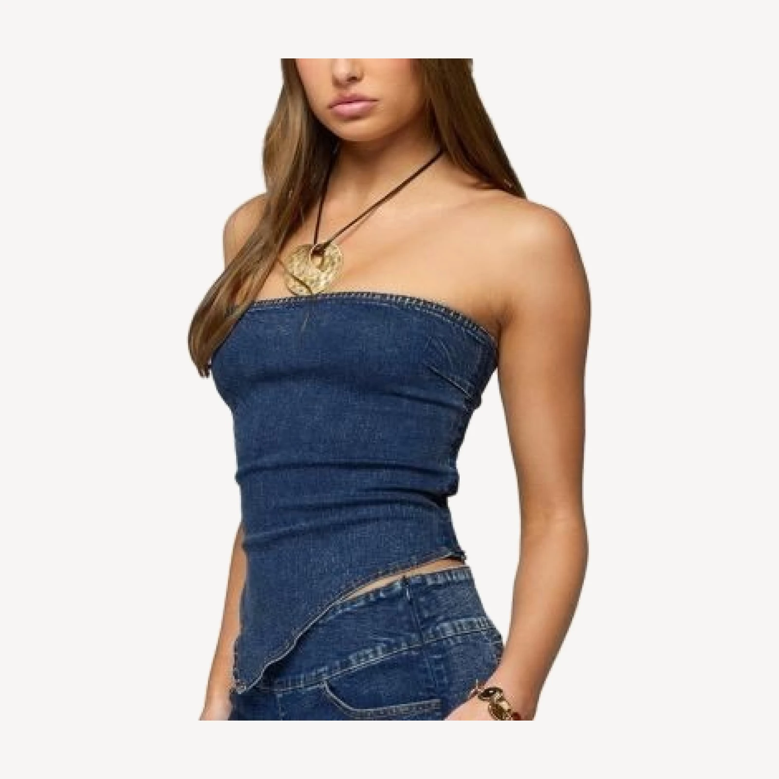 Edikted Zaida Asymmetric Denim Strapless Top