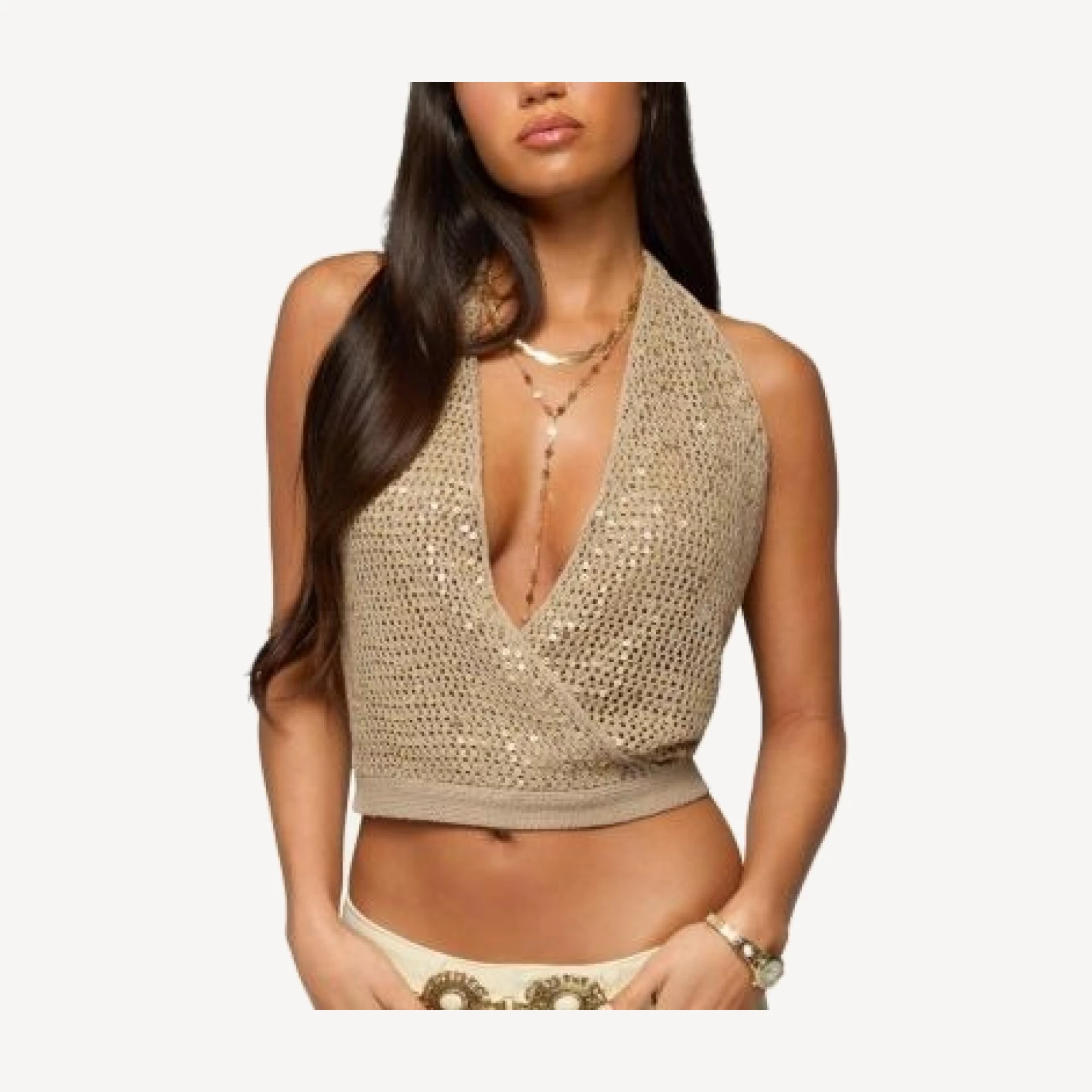 Edikted Sequin Crochet Backless Halter Top