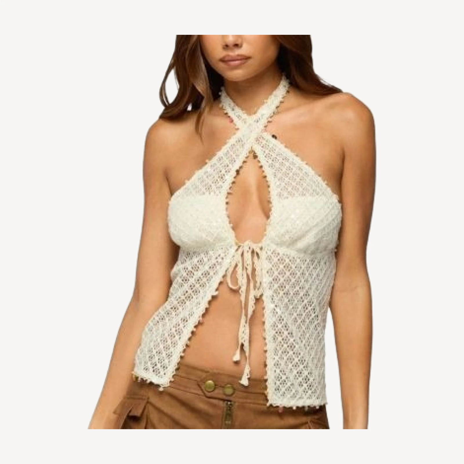 Edikted Sheer Net Sequin Split Front Top
