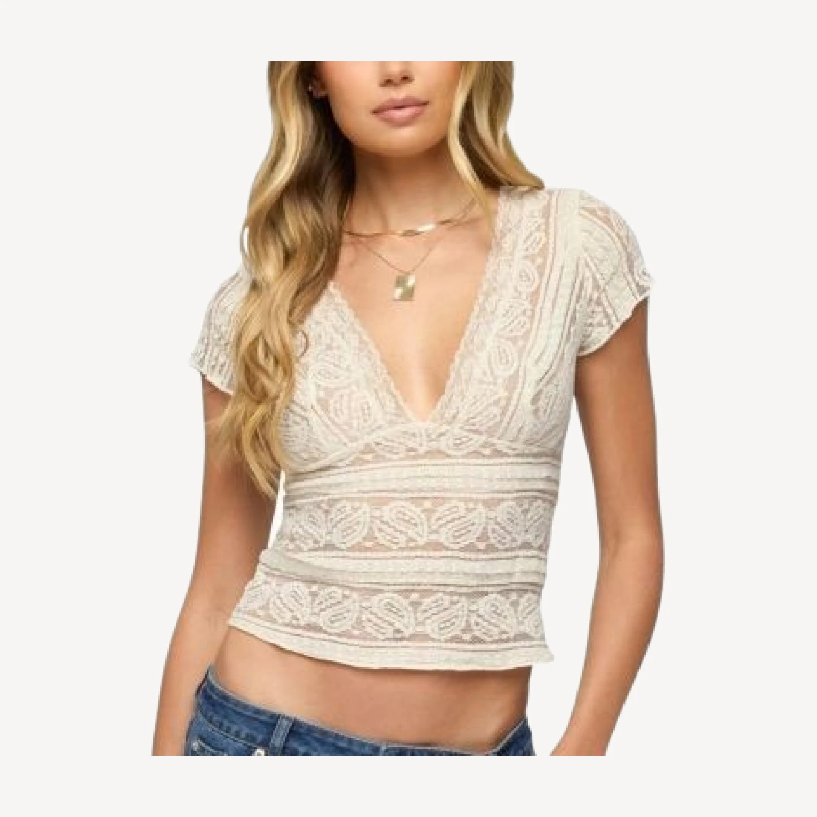 Edikted Avalee Sheer Lace V Neck Top