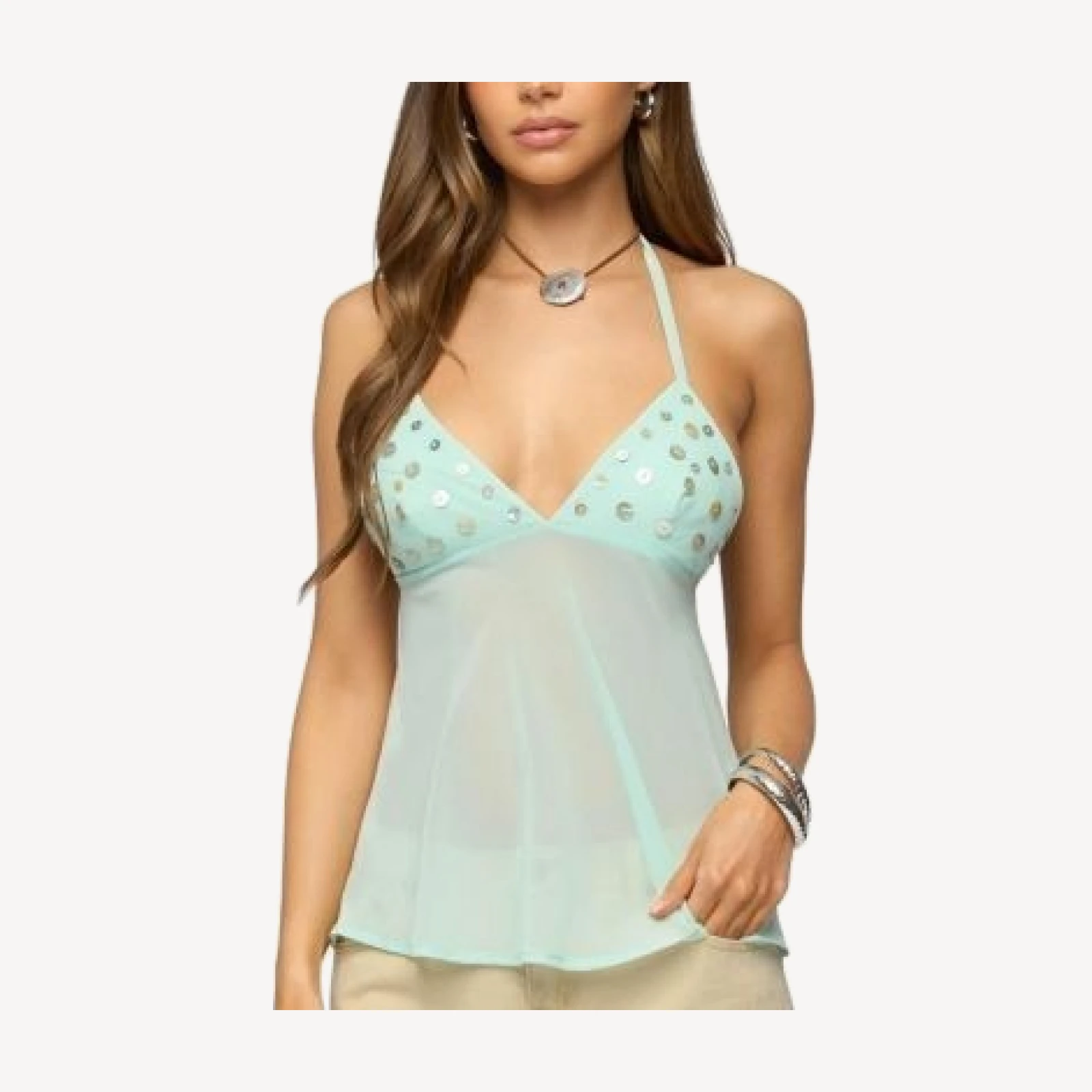 Edikted Iridescent Button Sheer Chiffon Halter Top