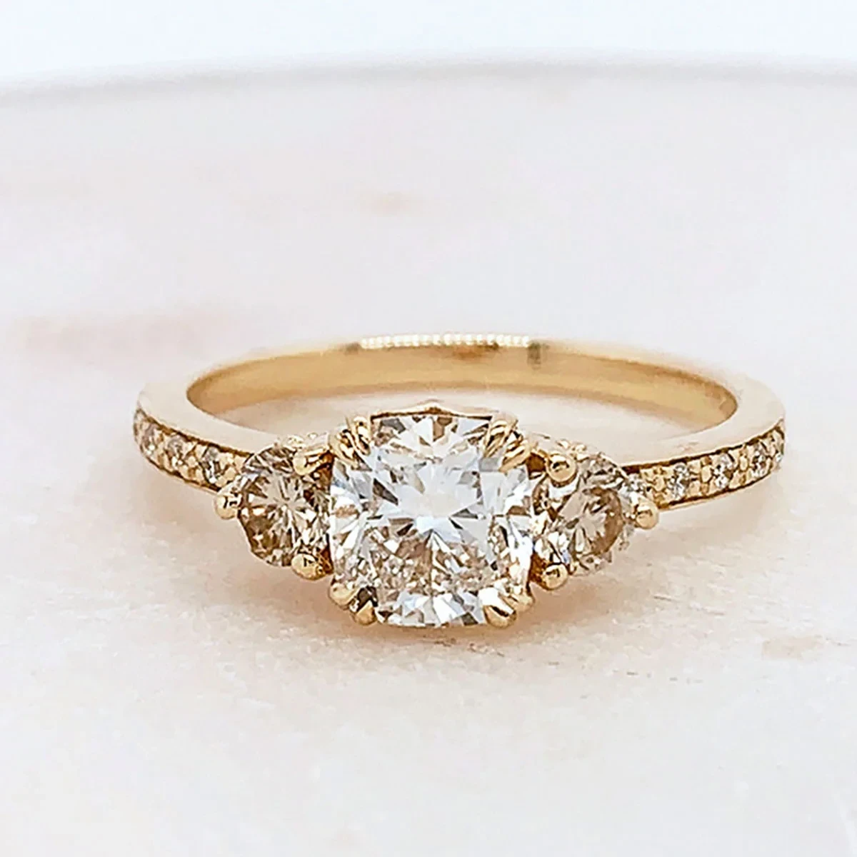 Hazeline Three Stone Ring - Yellow Gold, White Diamond & Champagne Diamond