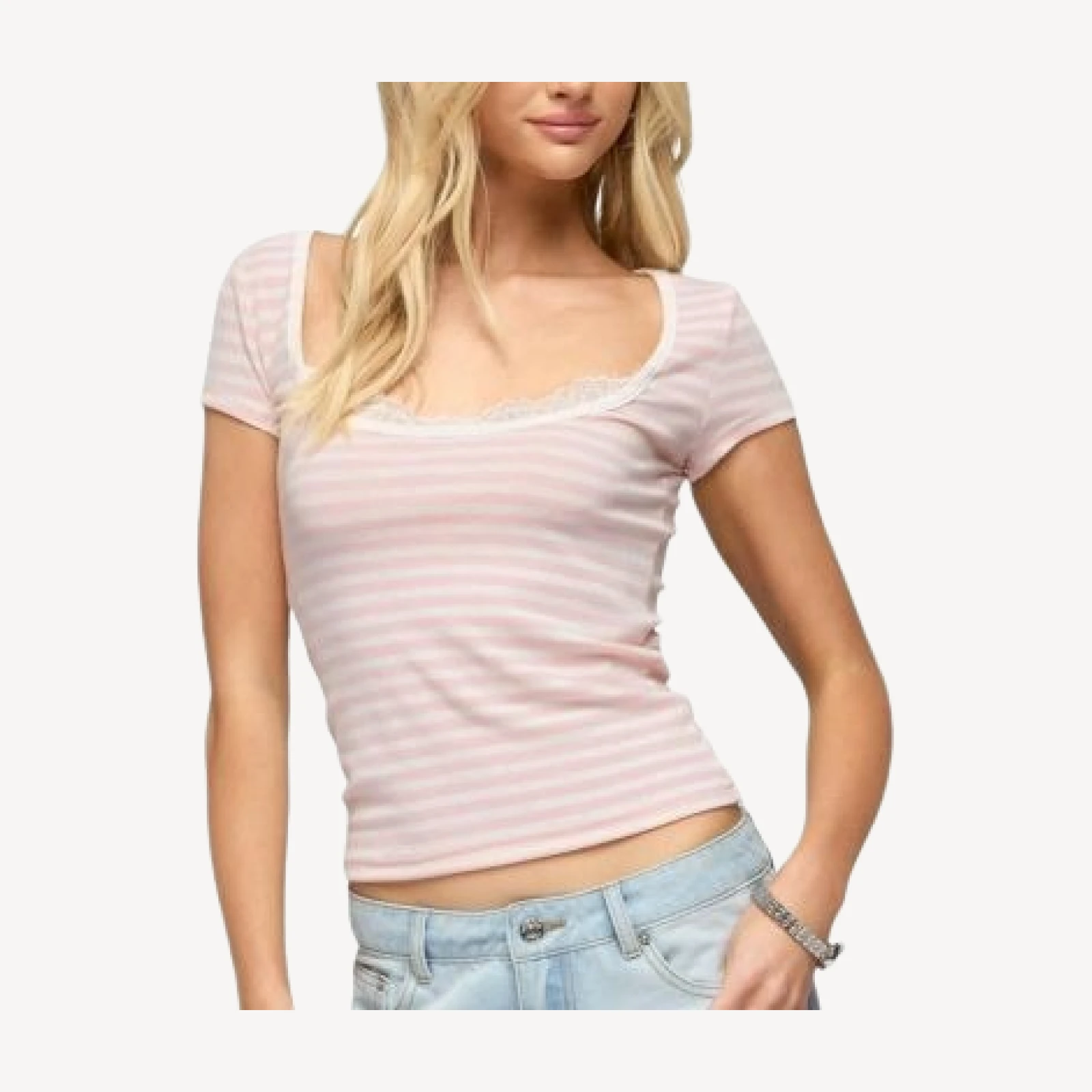 Edikted Layered Lacey Striped T Shirt