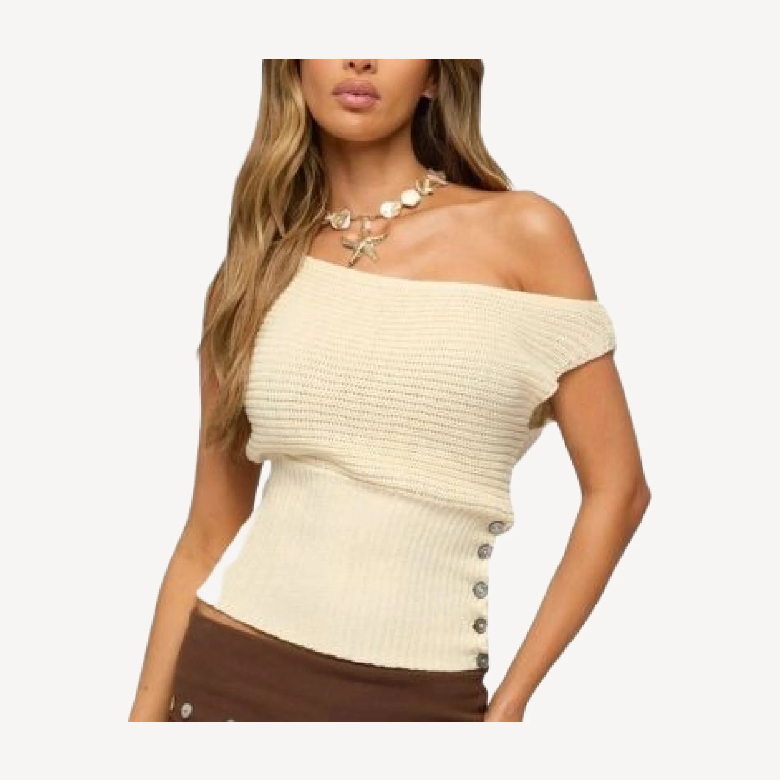 Edikted Buttoned Off Shoulder Crochet Top