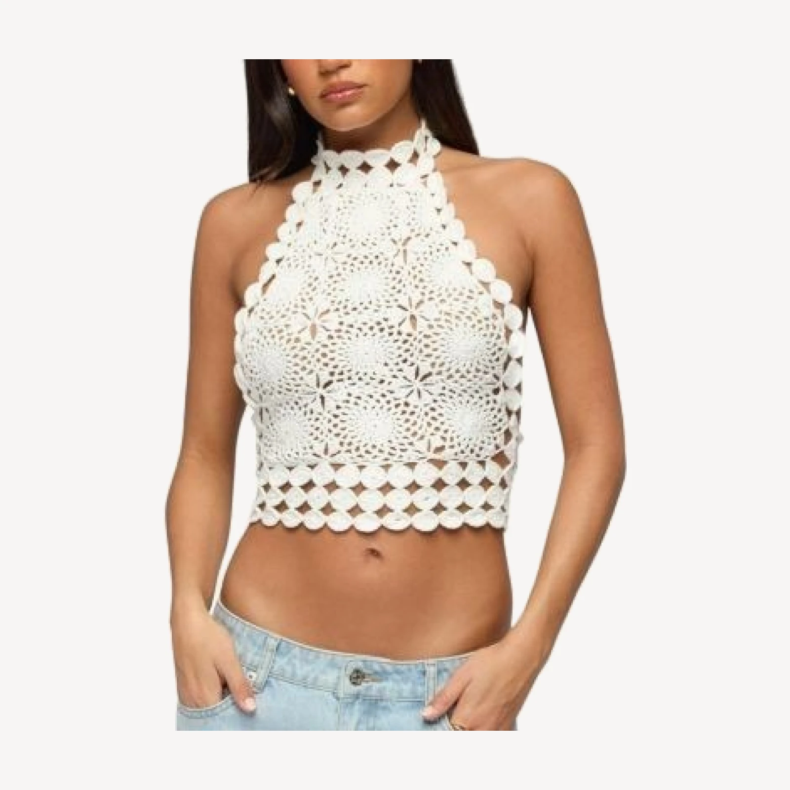 Edikted Backless Crochet High Neck Halter Top