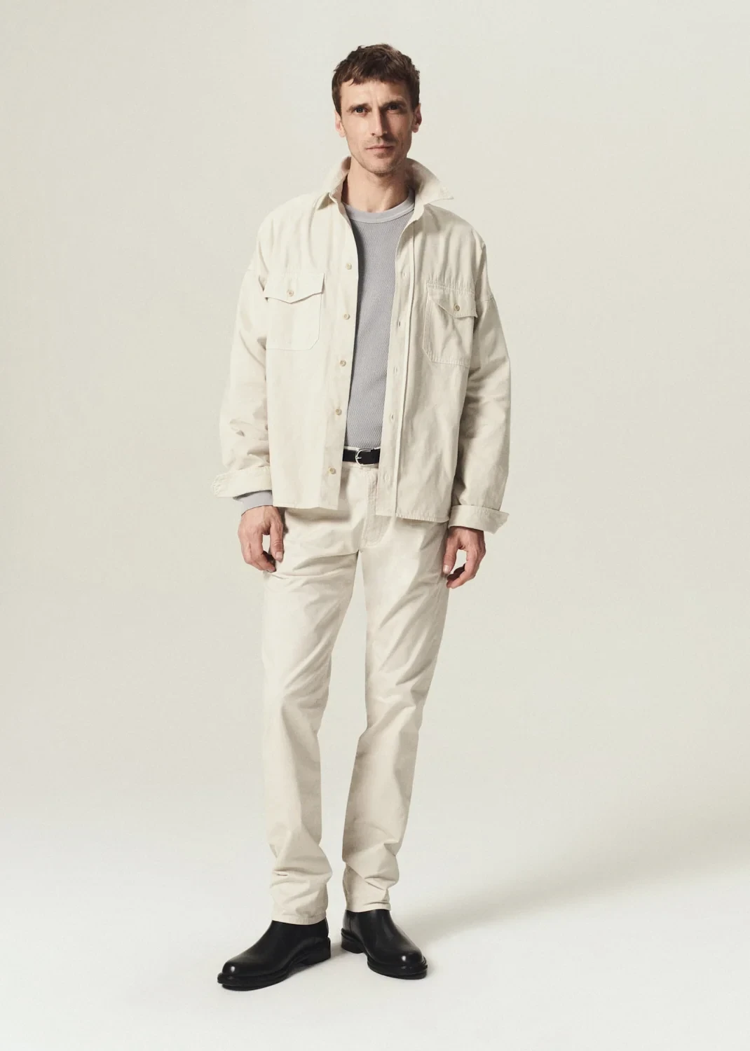Gage Slim Straight Cashmere Touch Sateen in Light Taupe