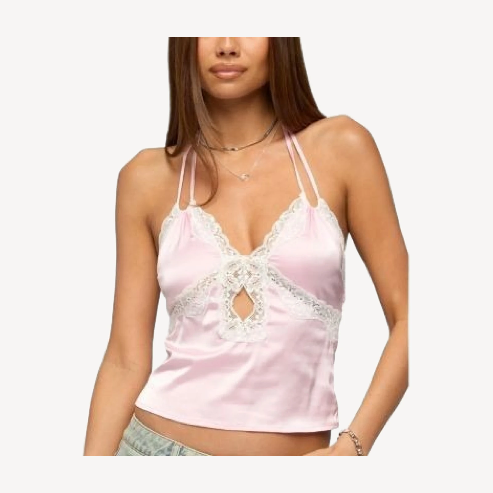 Edikted Cove Lacey Cutout Satin Effect Top