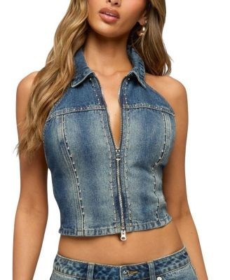 Edikted Gaya Backless Zip Up Denim Top