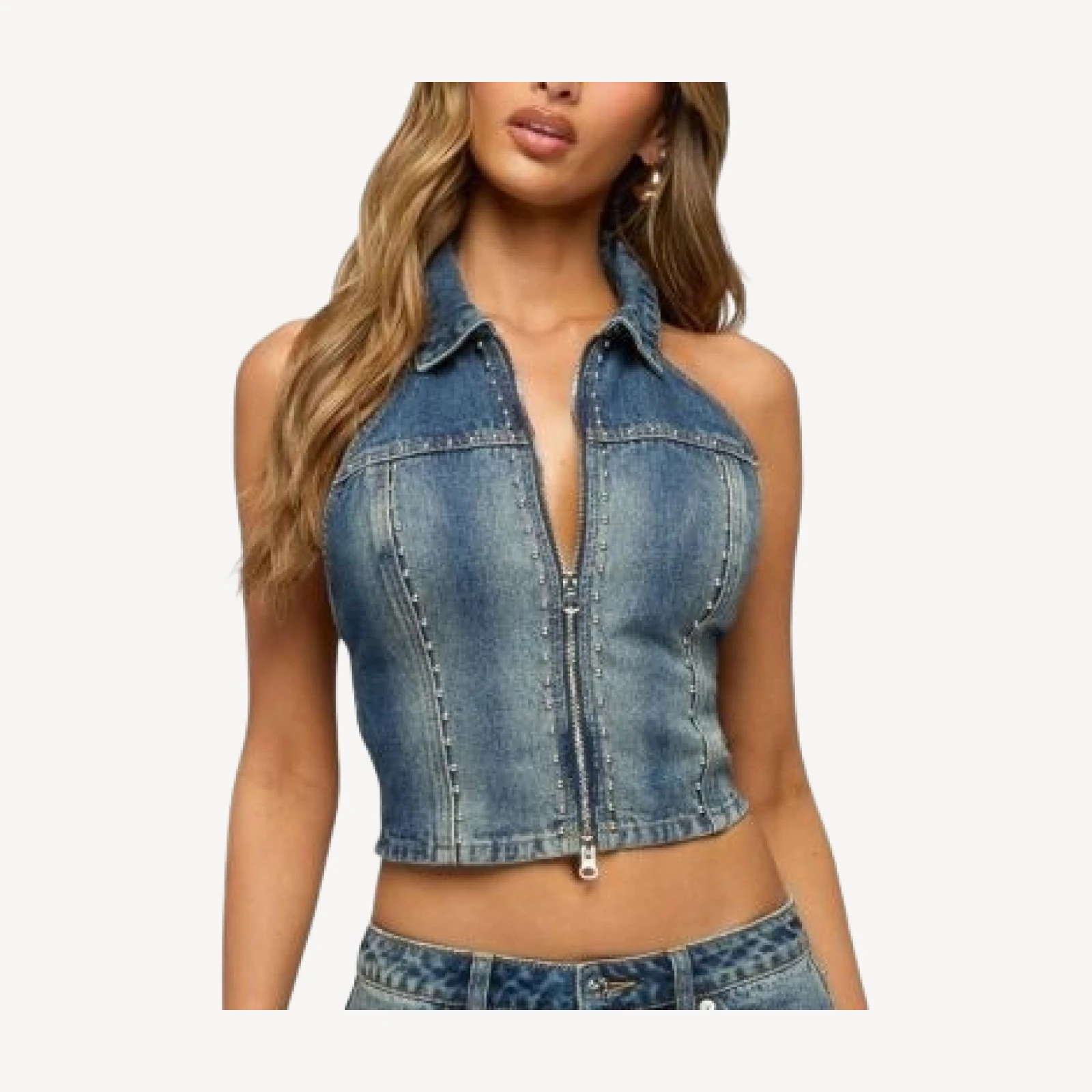Edikted Gaya Backless Zip Up Denim Top