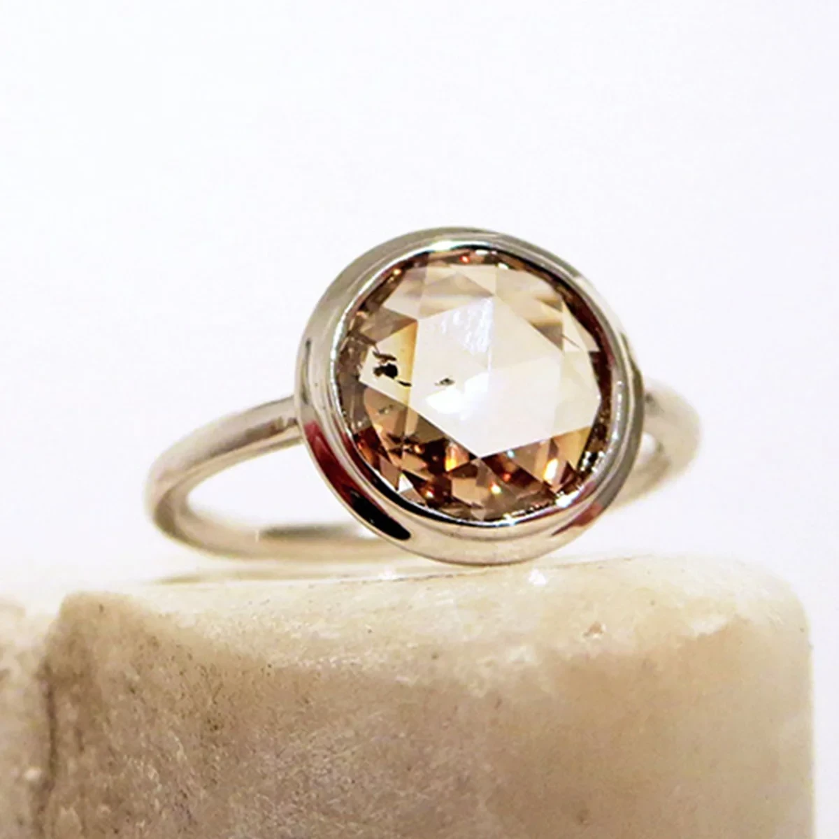 Bezel Set Rosette Ring - White Gold & Champagne Diamond