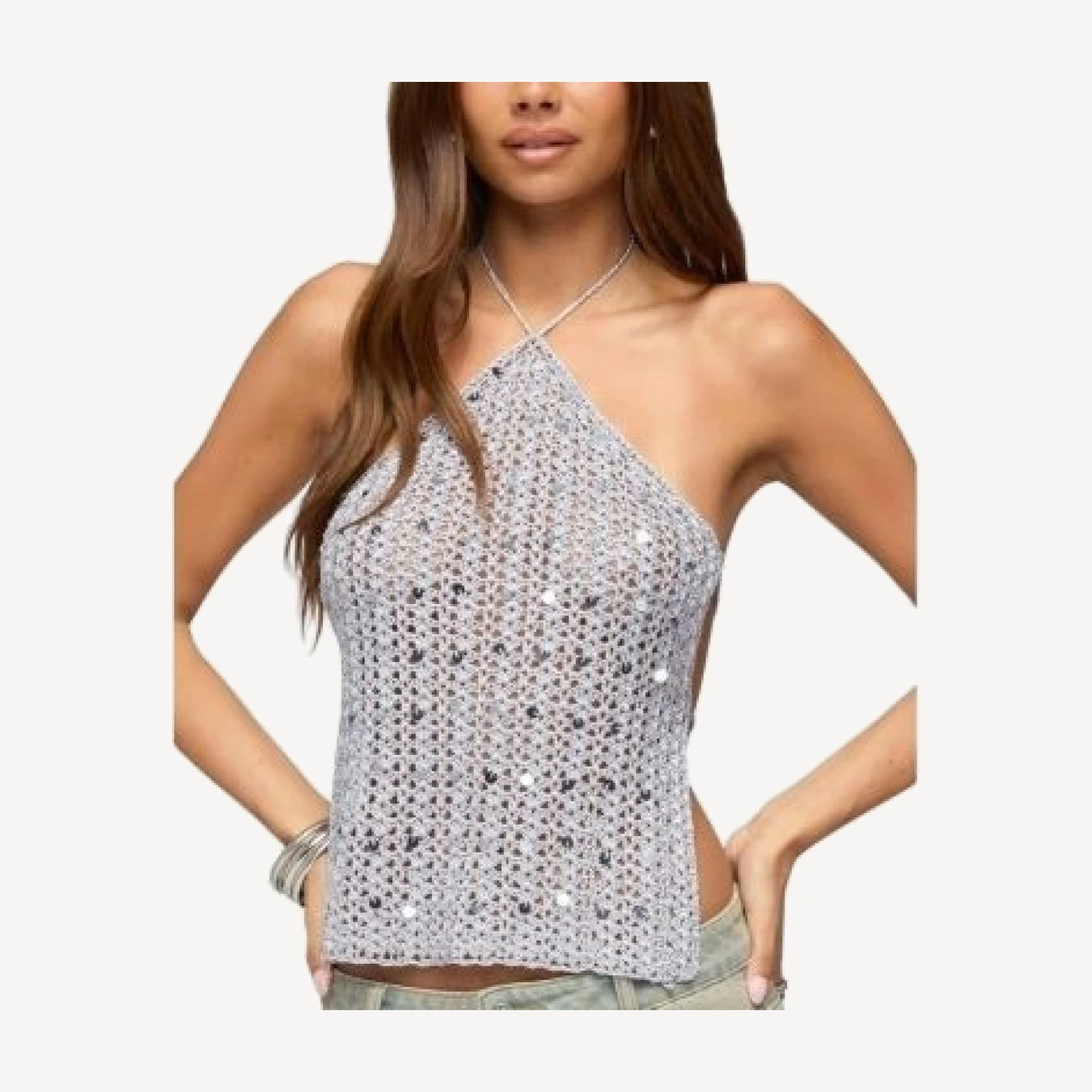 Edikted Thaly Backless Sequin Crochet Halter Top