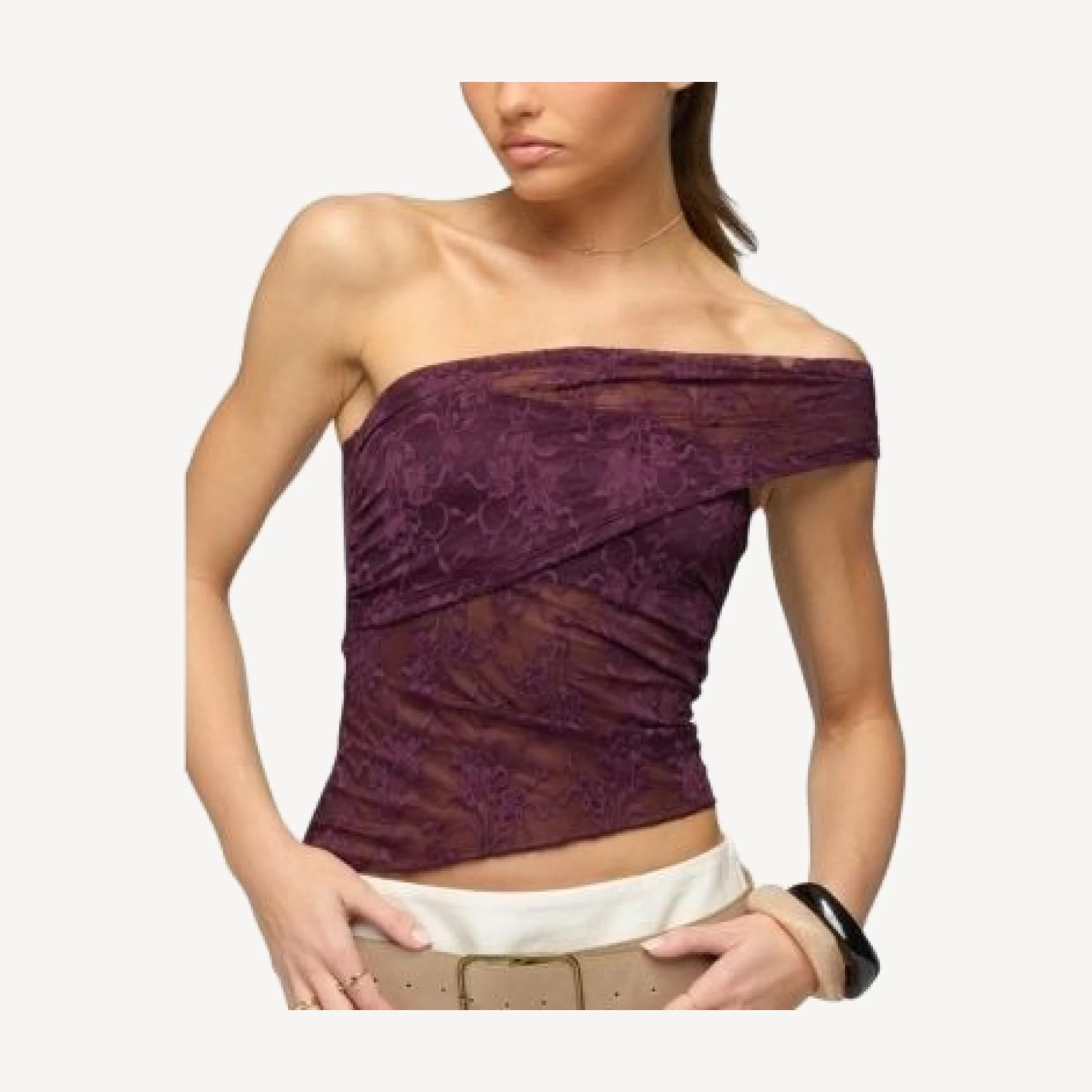 Edikted Asymmetric One Shoulder Sheer Lace Top