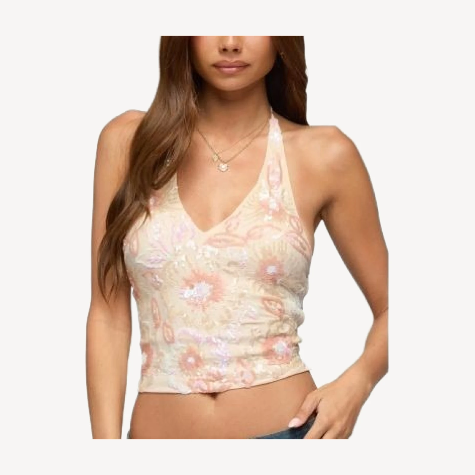 Edikted Catia Backless Sequin Mesh Halter Top