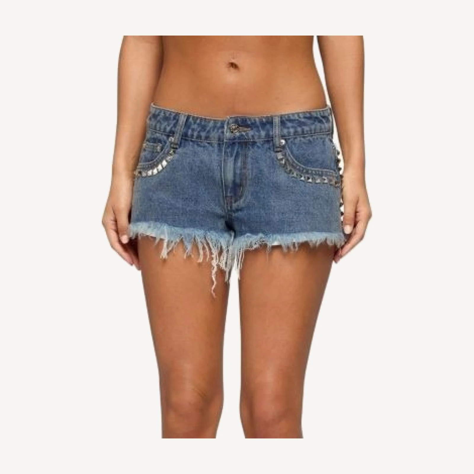 Edikted Studded Frayed Low Rise Denim Shorts