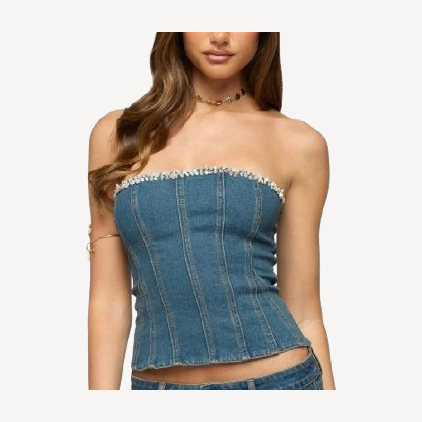 Edikted Zenna Beaded Strapless Denim Corset
