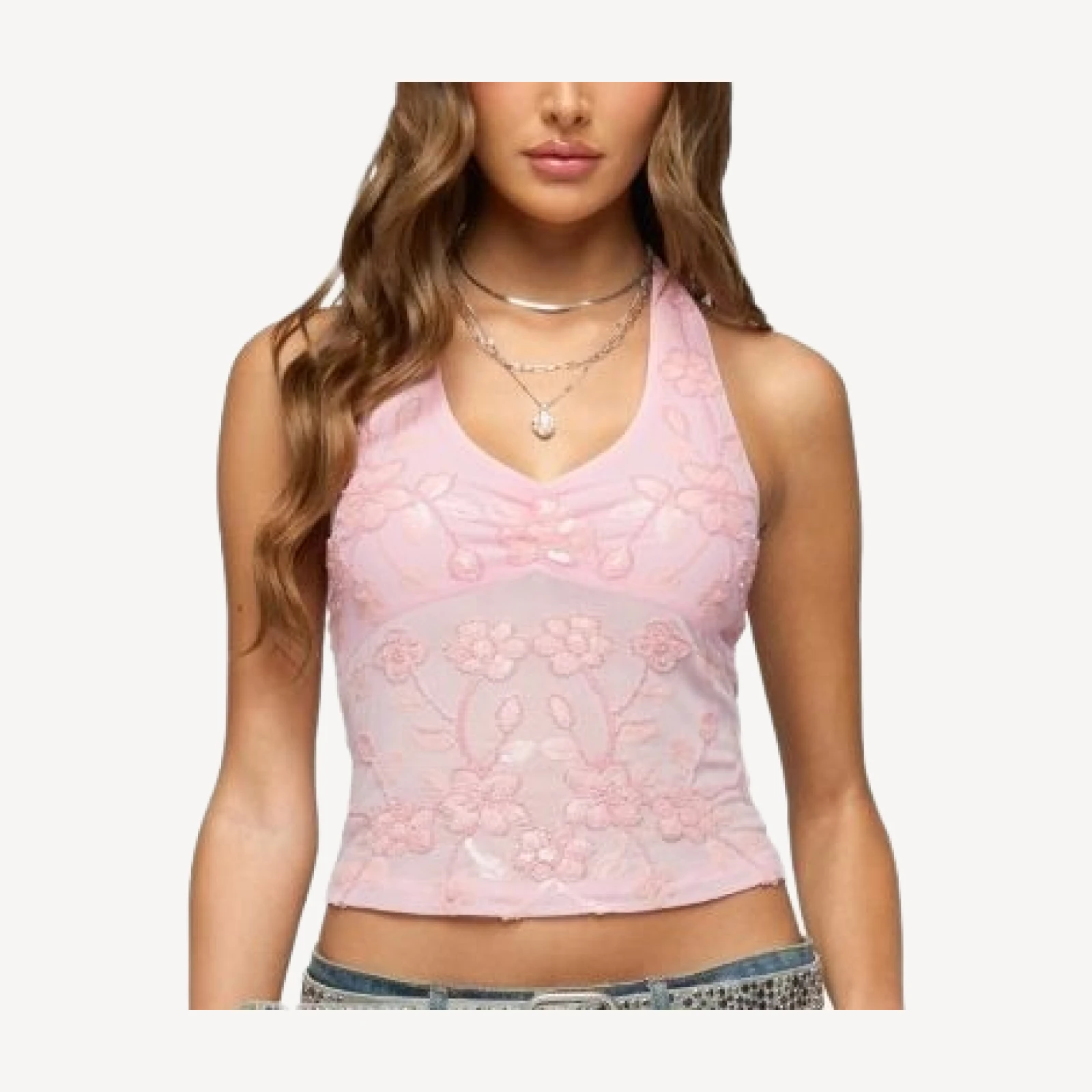 Edikted Bead & Sequin Sheer Mesh Halter Top