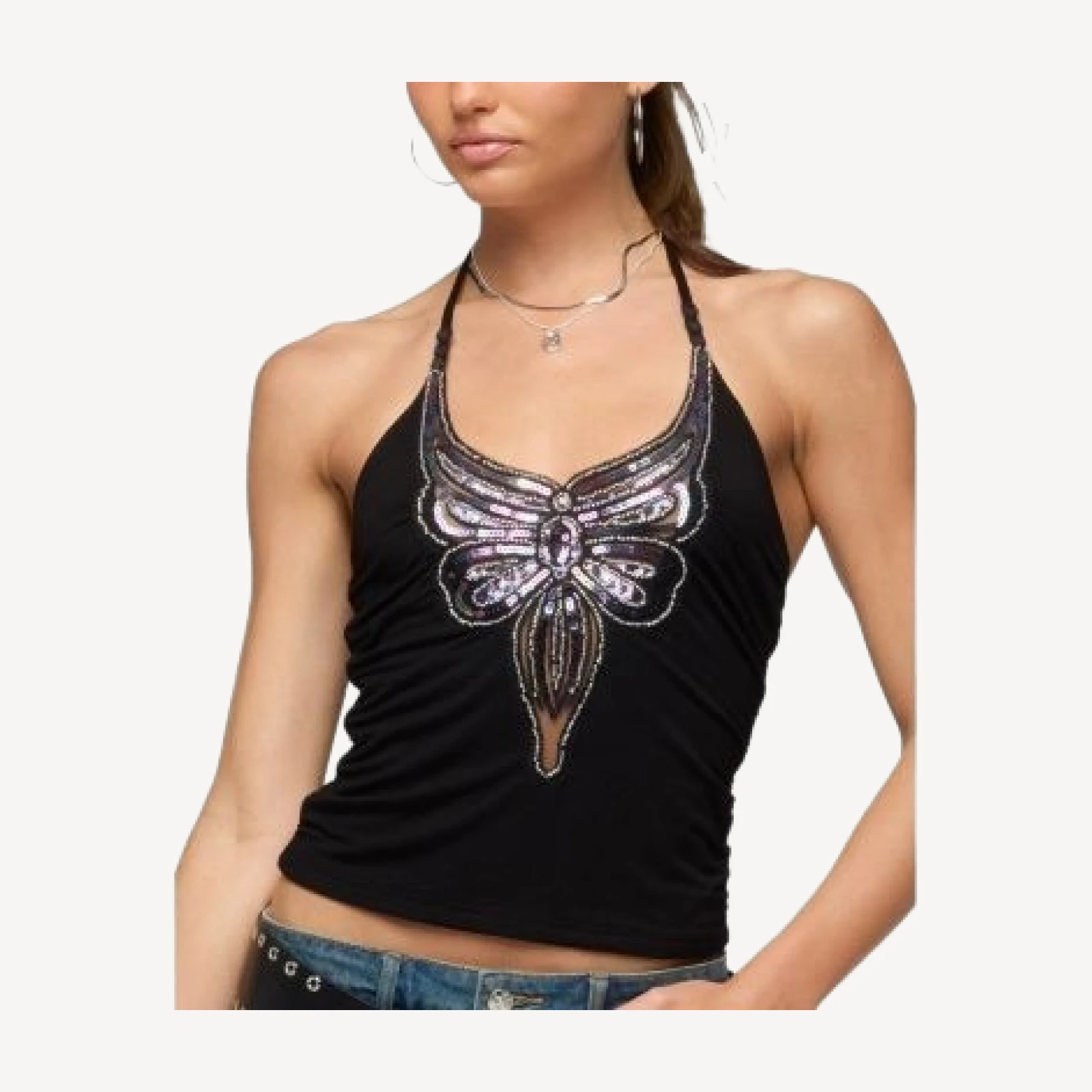 Edikted Butterfly Bead & Sequin Halter Top